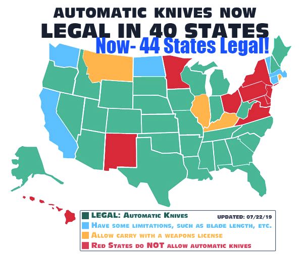 Map of States Where Switchblades are Legal. 40 States.